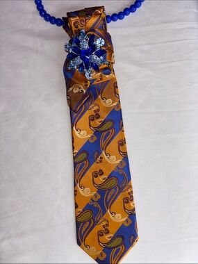 Hand Crafted Gold and Blue Paisley Silk Tie with Jewel Accent